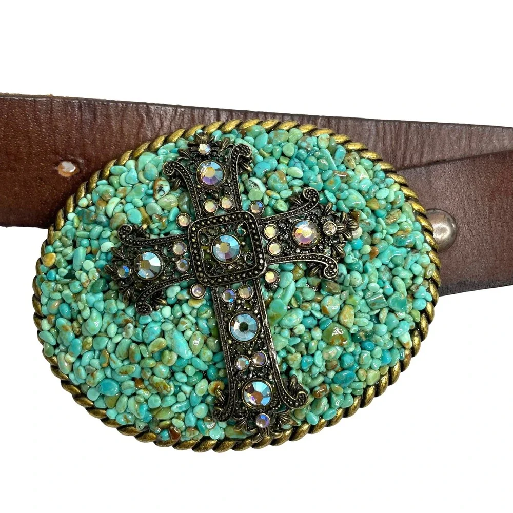 Vintage Leather Rhinestone statement belt Cross Turquoise‎ Size 36 boho western